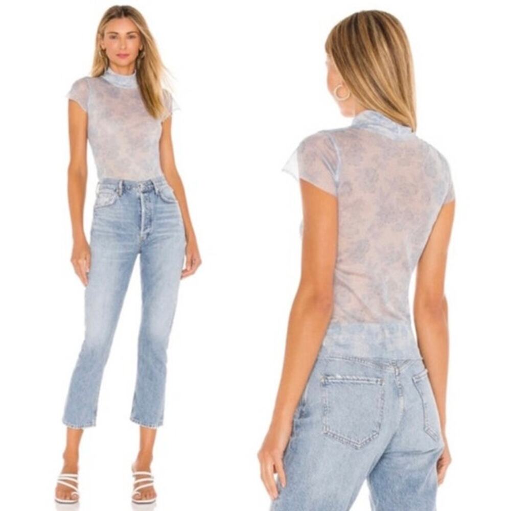 Free People Sheer Short Sleeve Mock Neck Top in Pale Blue and White